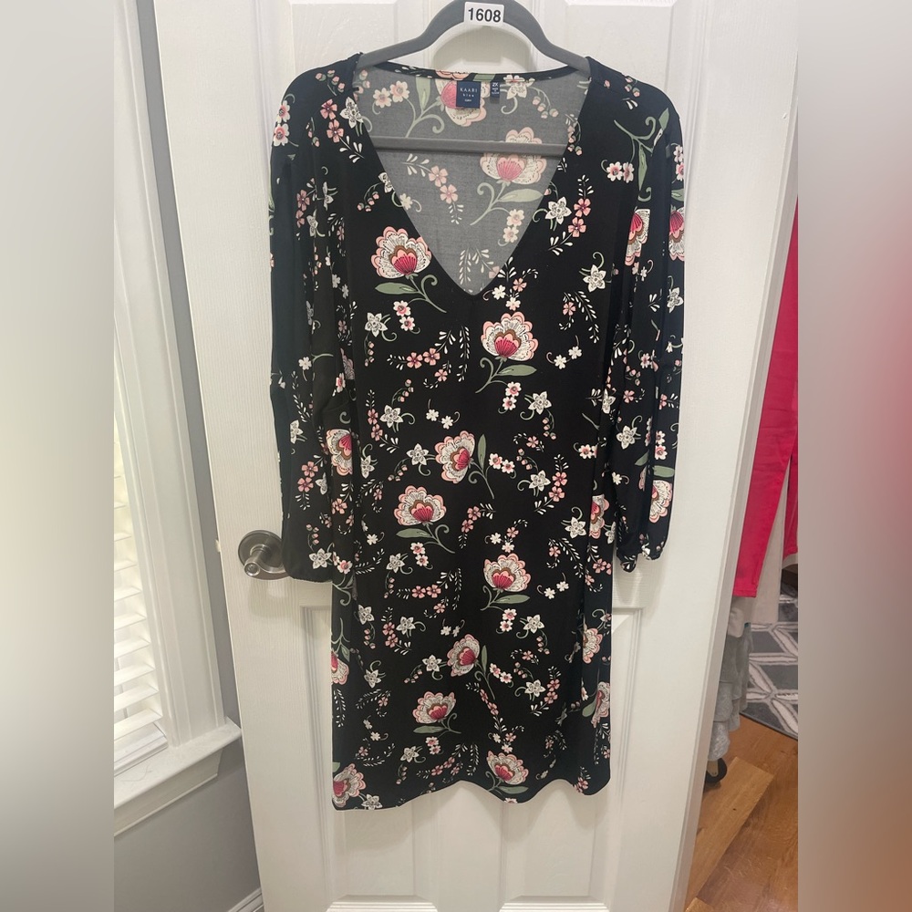 Kaari Blue Pink and White V-Neck Bishop Sleeve Dress